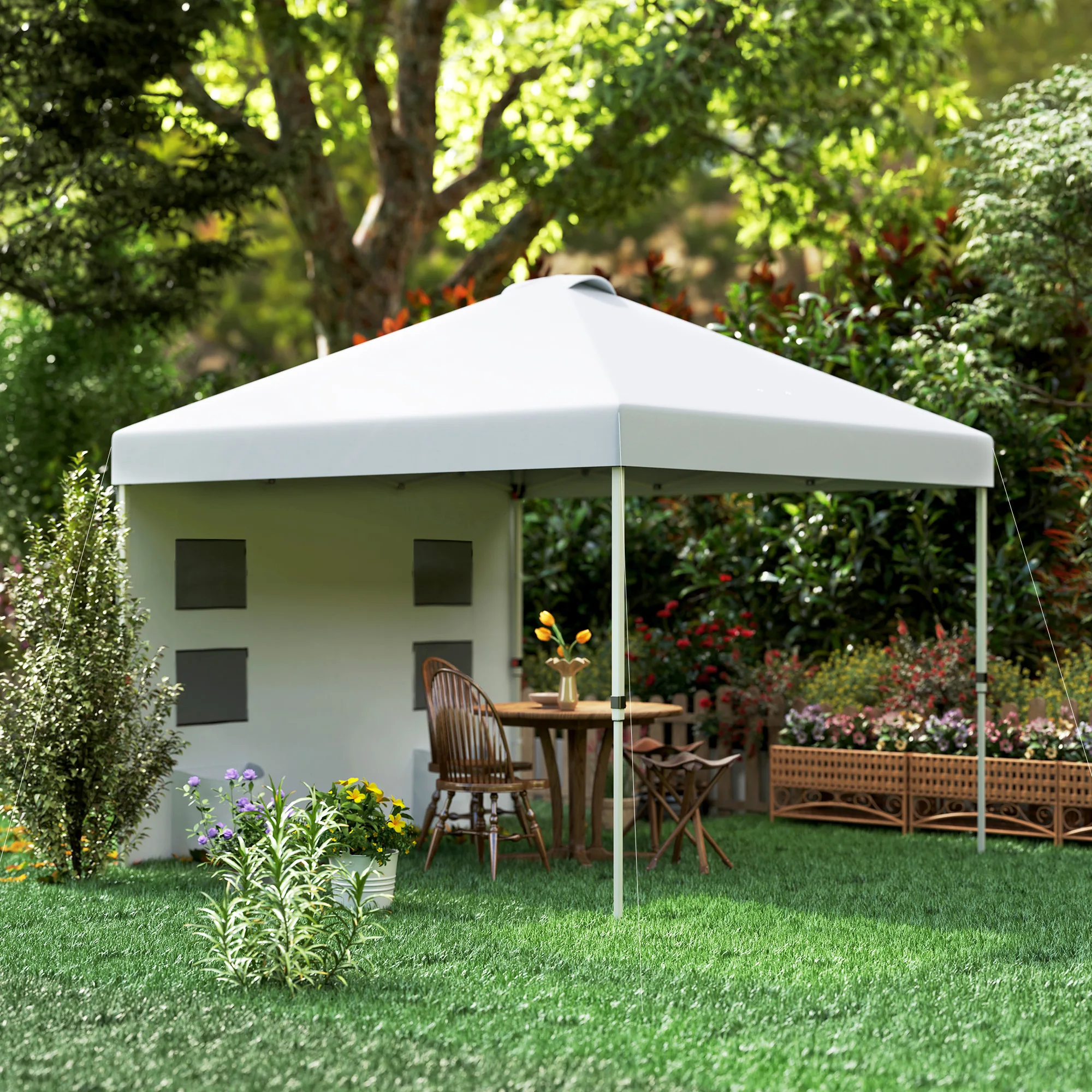 10' x 10' Pop Up Canopy Tent w/ Sidewall, UPF50+ Height Adjustable Instant Sun Shelter w/ Storage Pockets, White