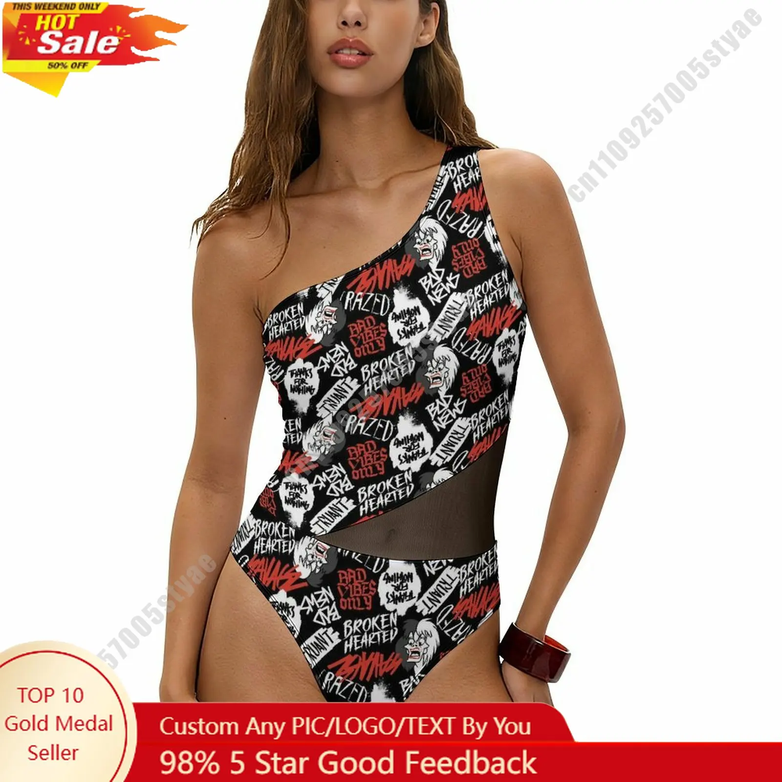 

Cruella De Vil Swimsuit Disney Personalized Custom One Piece Swimwear Sheer Mesh Cutout Bathing Suit Beachwear Holiday Gift