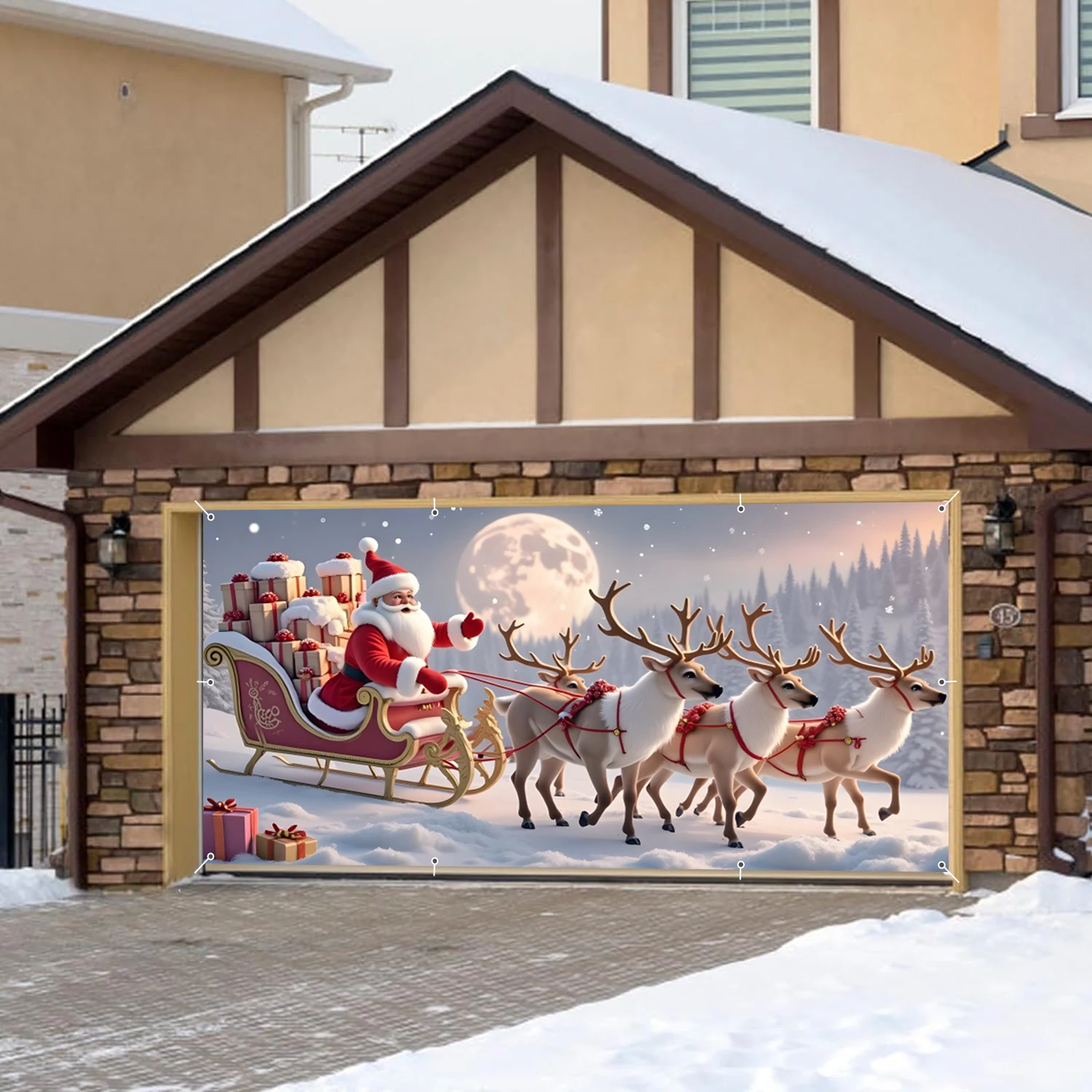 

Christmas Garage Door Banner Santa Claus Reindeer Snowfield Snow Forest Backdrop Christmas Yard Wall Hanging Photo Background