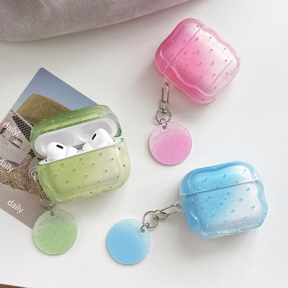 cute blue pink green gradient polka dot silicone earphone case for airpods 1 2 3 4 pro2 pro3 round pendant soft protection cover
