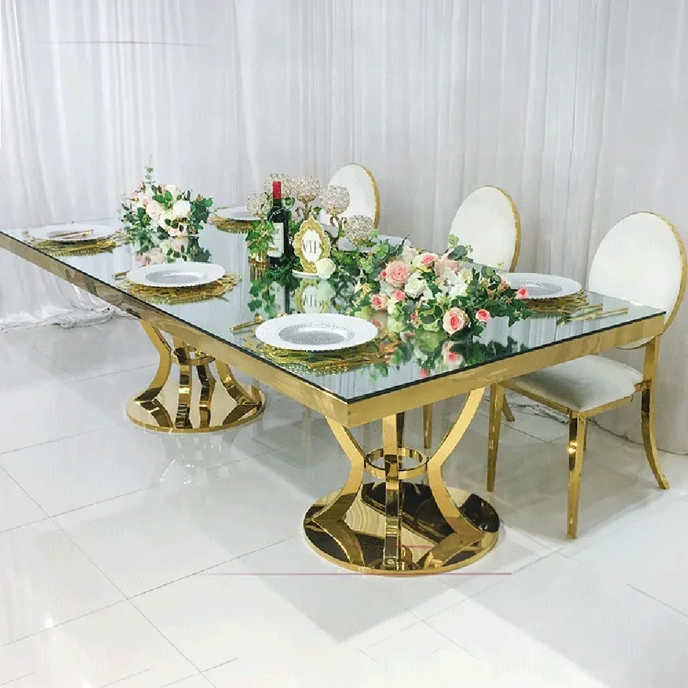 

Mirror glass luxury furniture stainless steel gold wedding party tables hotel metal dining table set for events wedding tables