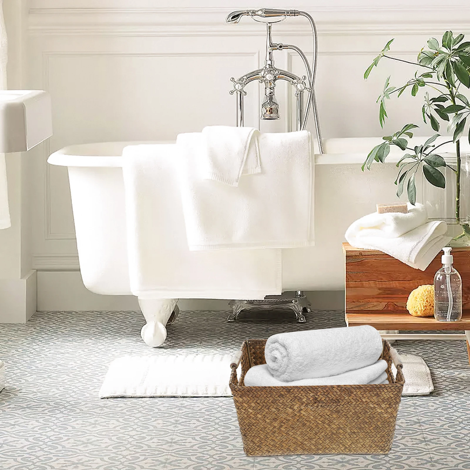 الأعشاب البحرية سلة مغزولة مستطيلة مع مقبض الخشب سطح المكتب التخزين المنظم صندوق الحمام أشتات حامل الأعشاب البحرية سلة مغزولة