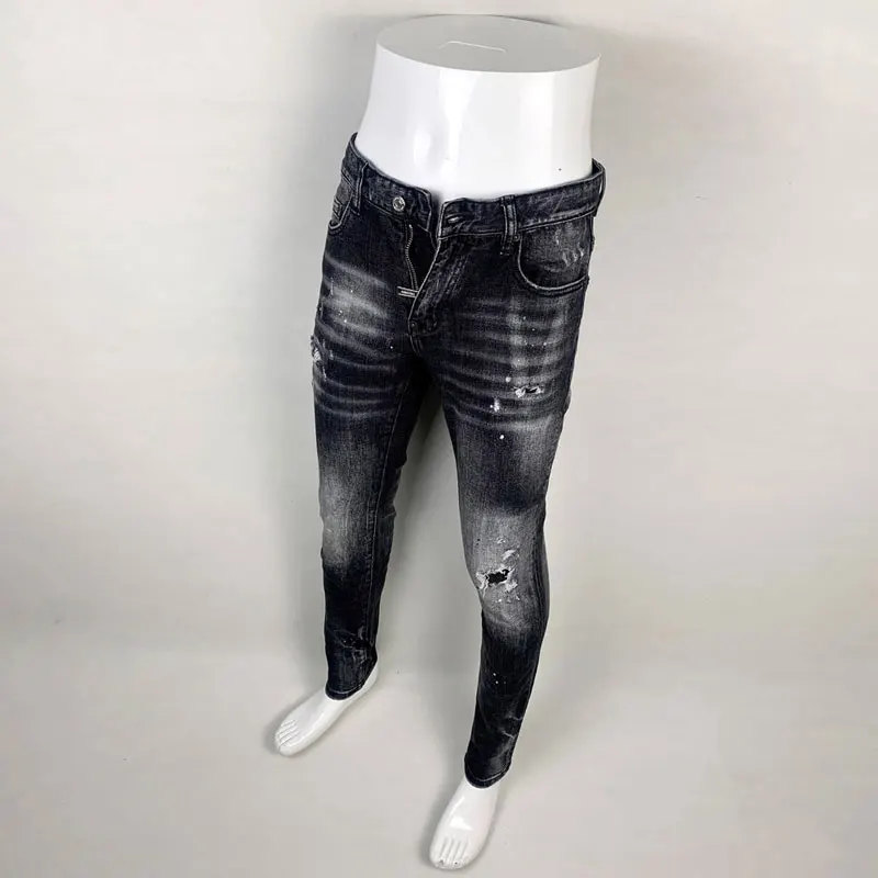 Street Fashion Men Jeans Retro Black Gray Elastic Slim Ripped Jeans Men High Quality Brand Designer Vintage Denim Pants Hombre