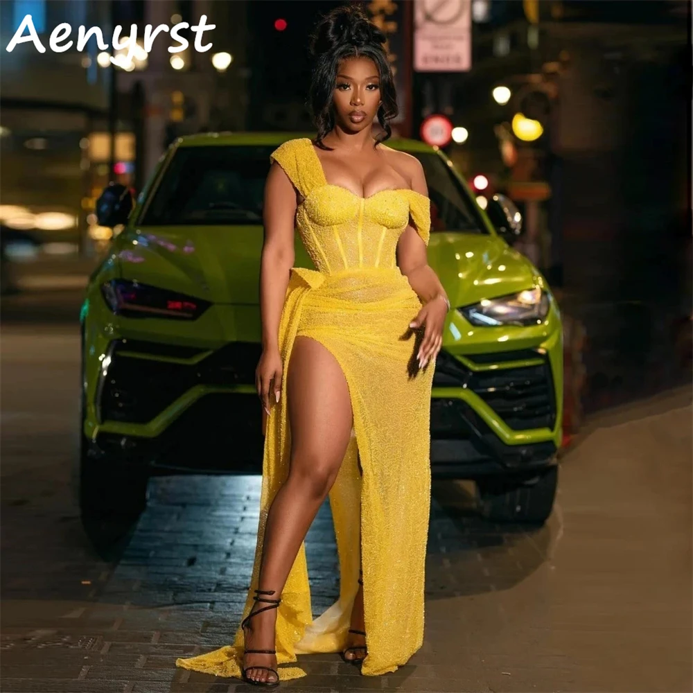 Aenyrst-Vestidos de Fiesta de sirena con lentejuelas para mujer, traje de noche con abertura lateral alta, largo hasta el suelo, brillante, color amarillo