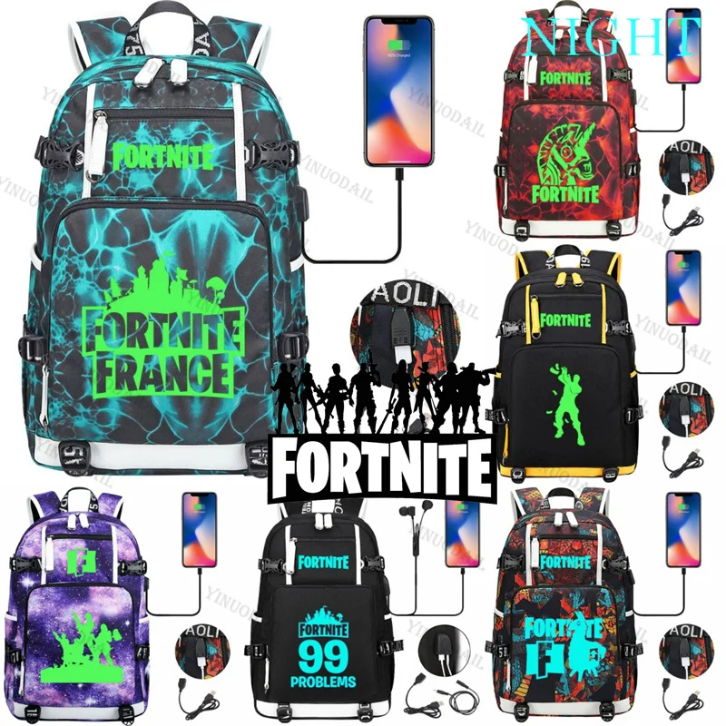 Großer Fortnite-Print-Rucksack, Zoey Light Oxford USB-Laderucksack mit Wasserflaschentasche für Campus-Wanderungen