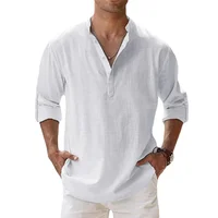 Nouvelles chemises en coton et lin pour hommes chemises décontractées légères à manches longues chemises de plage Henley t-shirts hawaïens pour hommes Streetwear 1