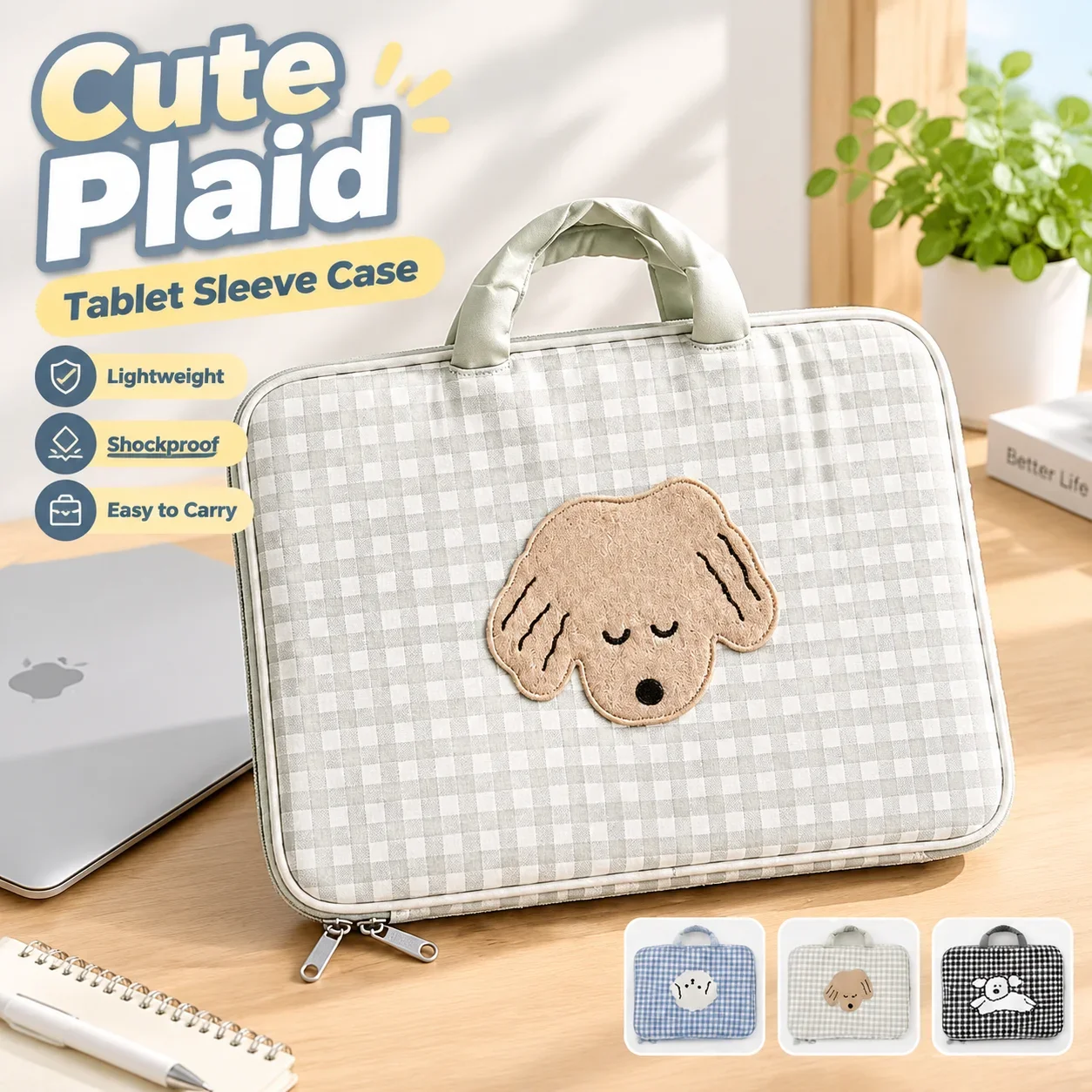 Lightweight Shockproof Protective Storage Bag for 11 inch iPad Pro and 14 inch Laptop, Cute Plaid Cartoon Tablet Sleeve Case