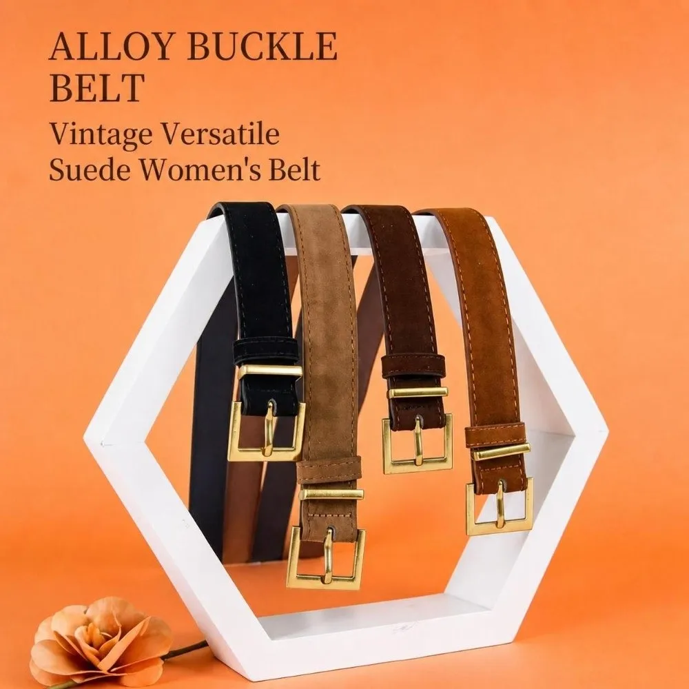 Vintage Square Alloy Pin Buckle Waist Belt Matte Simple Suede Leather Belt Faux Suede Casual Waist Strap For Outfit Matching