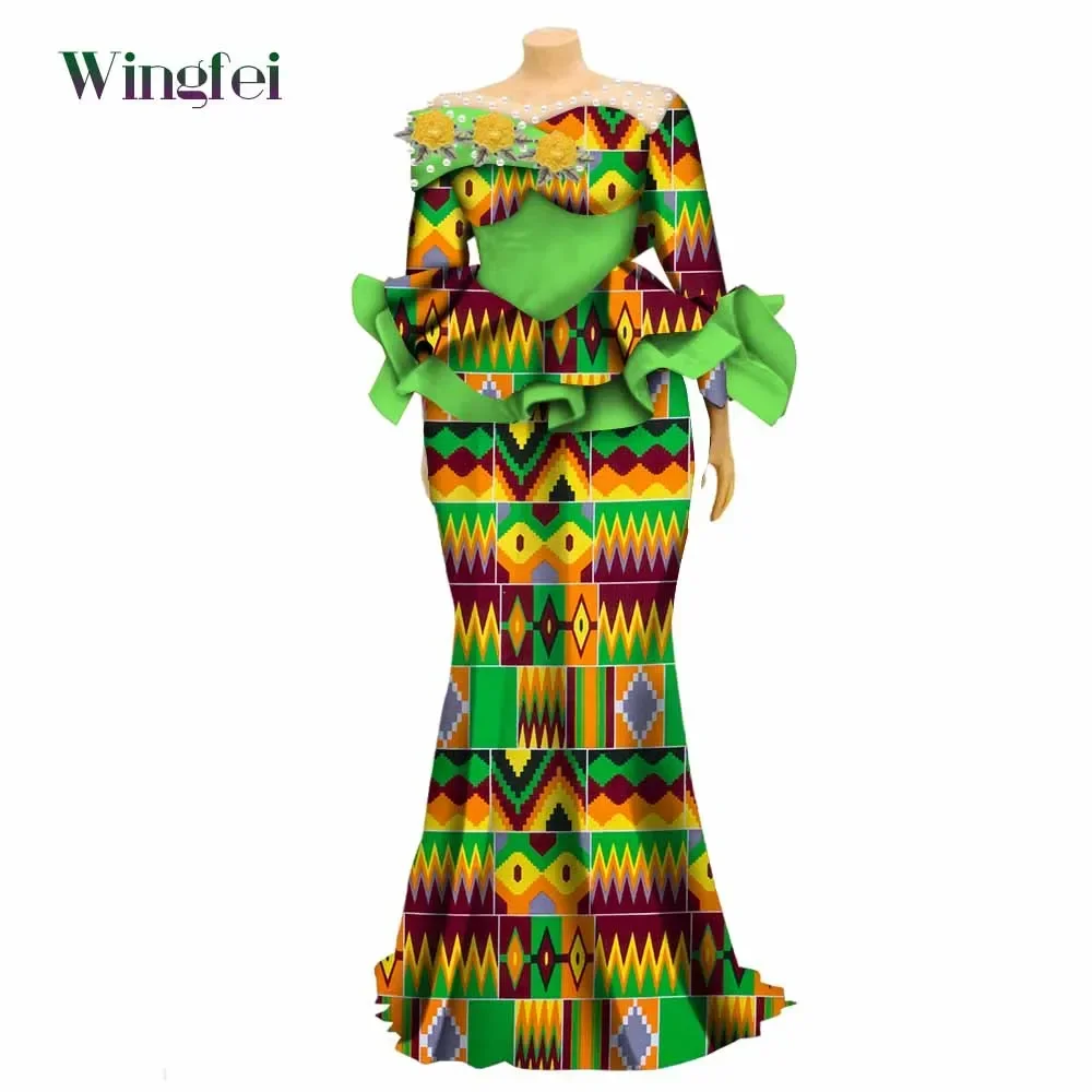 

Fashion African Women Party Clothes 2 Pcs Set Ankara Print Top and Maxi Long Robe Skirt Flare Sleeve Dashiki Women Outfit Wy9896