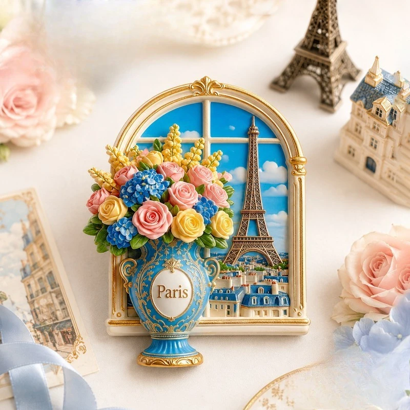 Paris Window Vase Fridge Magnet - Romantic 3D French Souvenir Unique European Gift for Travel & Vintage Home Decor