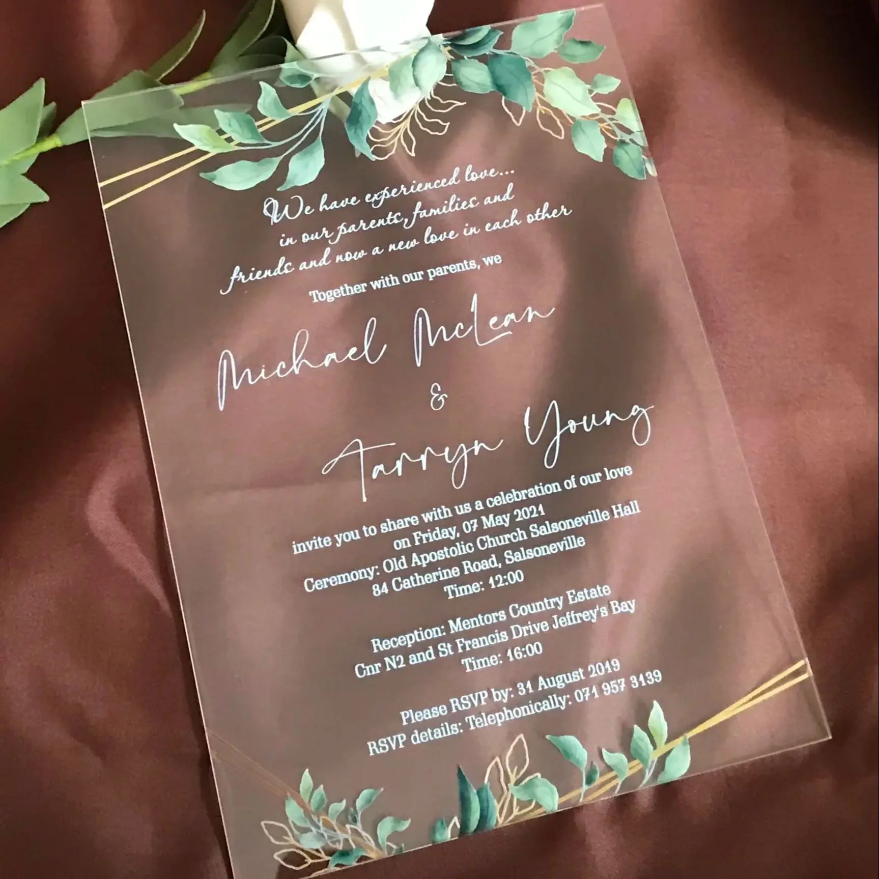 Custom Green Leaves Wedding Invitation, Faux Gold Eucalyptus, Transparent Invitation, 10Pcs