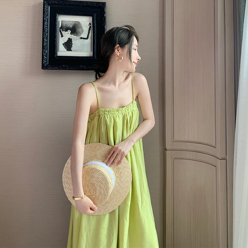 2025 Avocado Green Vacation Style Pleated Flat Mouth Double Thin Suspender Loose Fit Dress for Beach Vacation Long Skirt