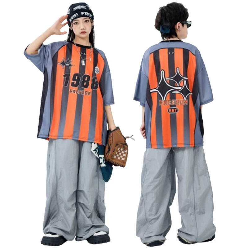 Hip Hop Mädchen Kleidung Kinder Jazz Street Dance Kostüm Beide Seiten Print T Shirt Grau Lose Hosen für Jungen Performance Outfit