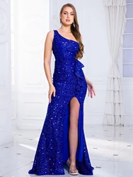 Royal Blue High Split Ruffle Sleeveless Maxi Party Dress Backless Lace Up Evening Night Prom Gown Red