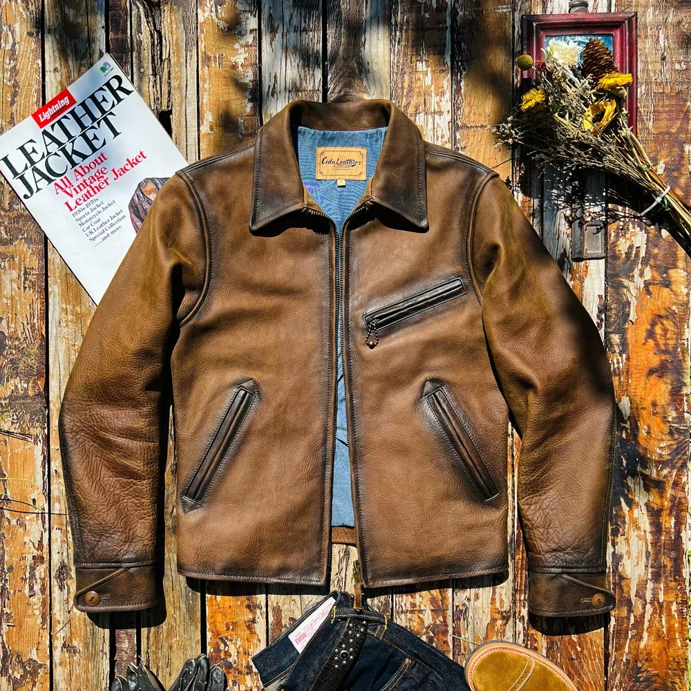 

Tailor Brando S-031 Italian Uncoated Washed Aged Cowhide TALON Pure Copper Zipper 1930 Classic Retro Biker Jacket