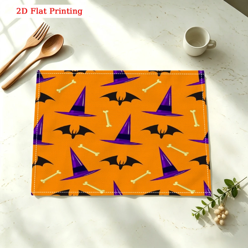 1pc Halloween Placemat Orange Witch Hat Bat Bone Print Table Mat Kitchen Dining Decor Party Use 30x40cm
