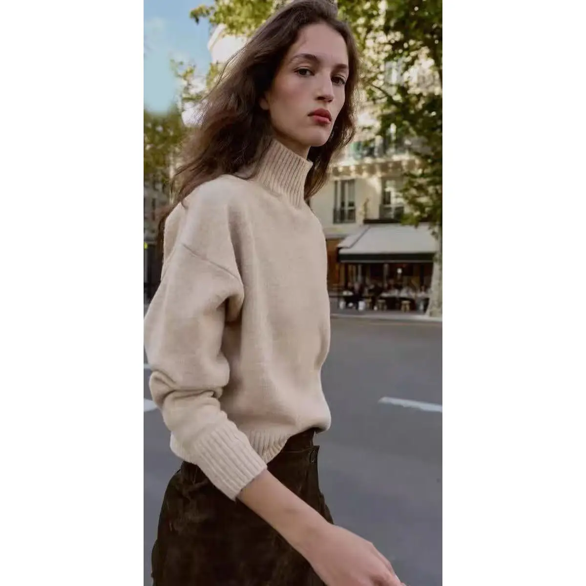 Fashionable Soft Stand Collar Knitted Sweater Street Style Polyester Fiber Long Sleeve Warm Casual All Match Autumn Winter Wo...