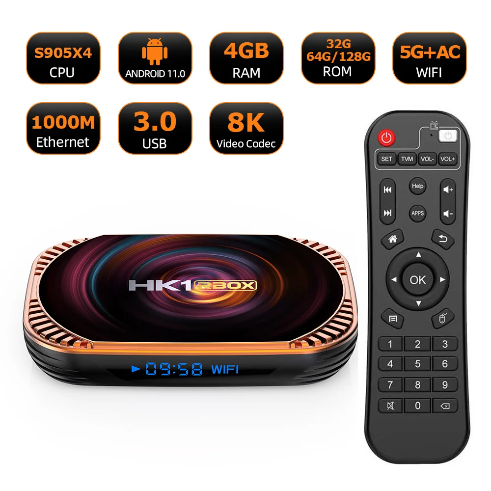 HK1 RBOX X4 Android 11 TV Box Amlogic S905X4 1000M 8K 3D 2.4G&5G Dual Wifi Smart Set Top Box Media Player 4GB64GB/128GB