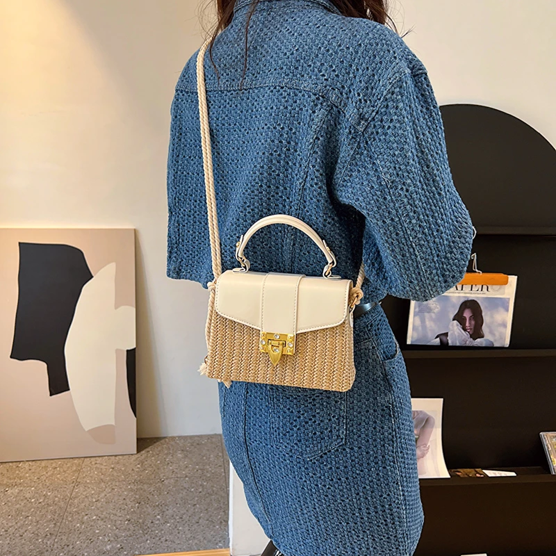 PU and Straw Splicing Square Hand Bags Hasp Rope High Quality Shoulder and Crossbody Bags for Women 2024 Casual Hot Sale Summer