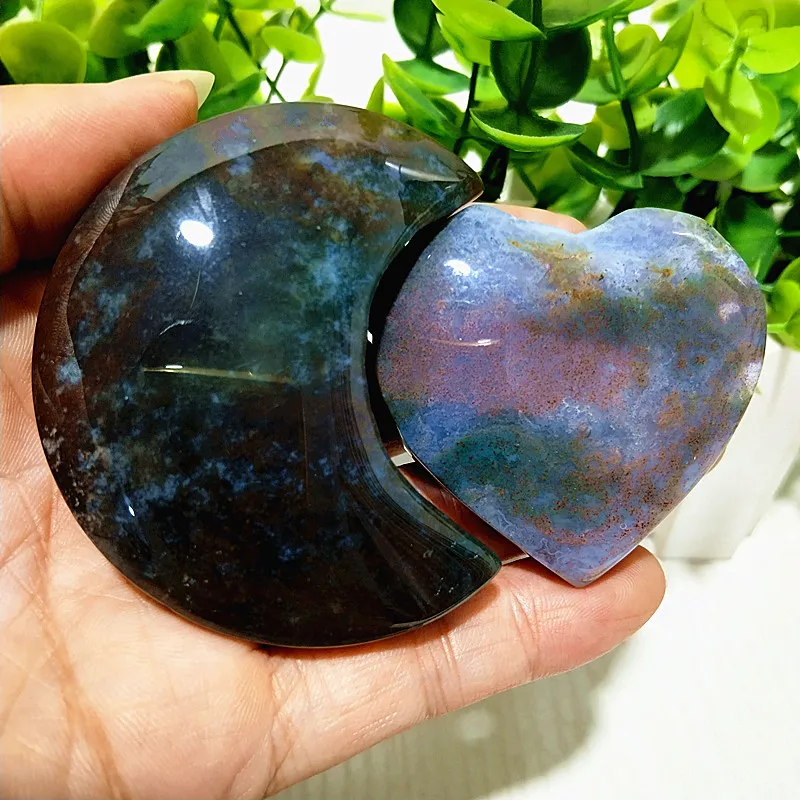 55-68mm  Natural Stone Moss Agate Moon And The Heart Crystal Yoga Exercise Energy Healing Feng Shui Crystal Room Decorm