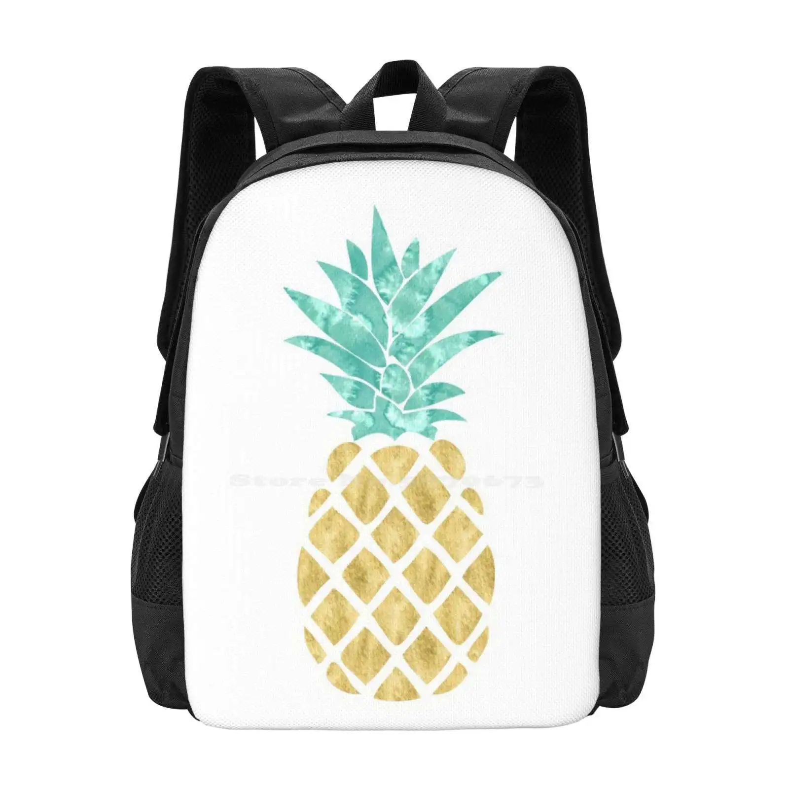 Mochila dorada para estudiantes universitarios, bolsa de diseño con patrón de piña, fruta, playa Tropical, Hawaii, acuarela dorada, verde azulado, Aqua