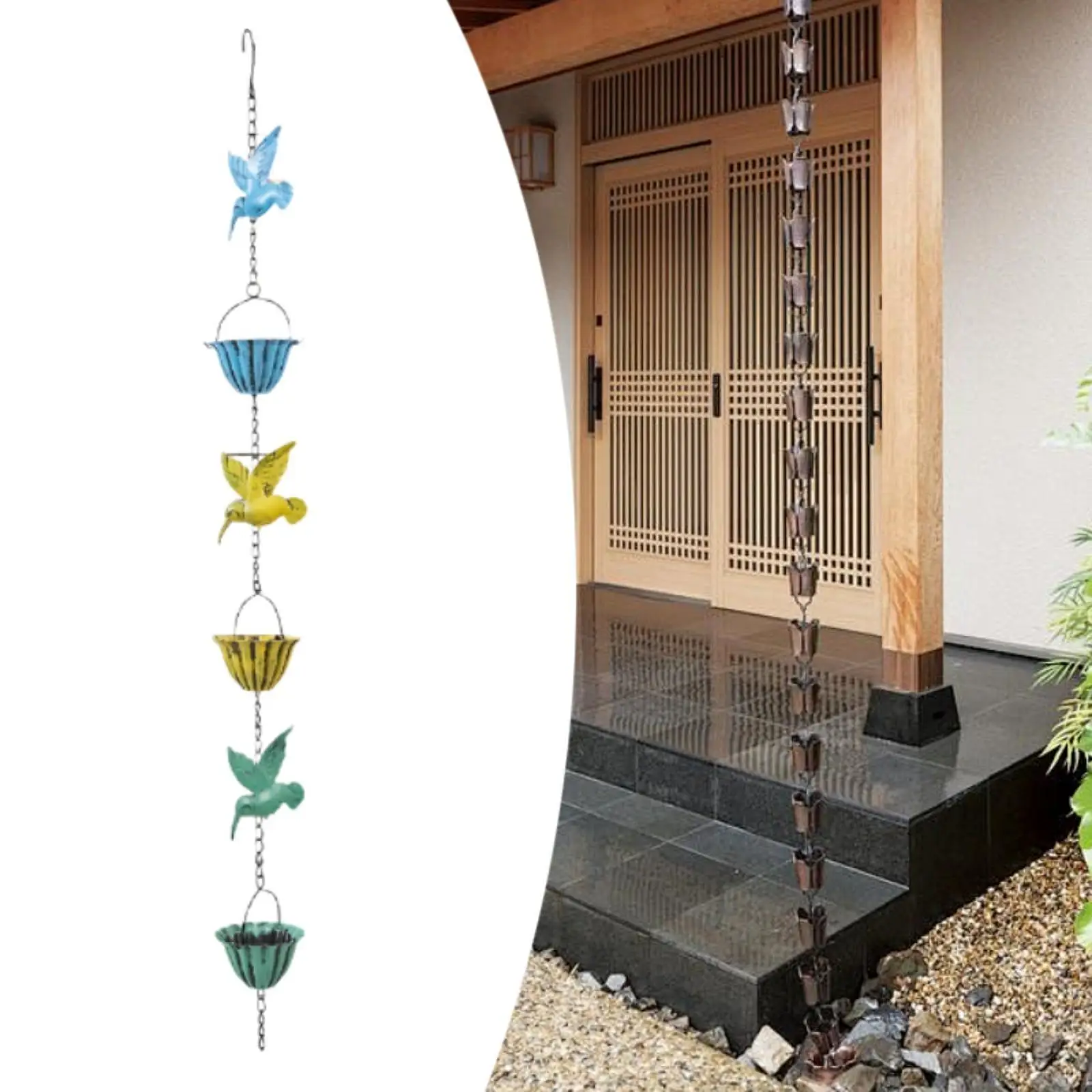 

Открытый дождевой цепь, металлический колибри и чашка для фермерского дома во дворе