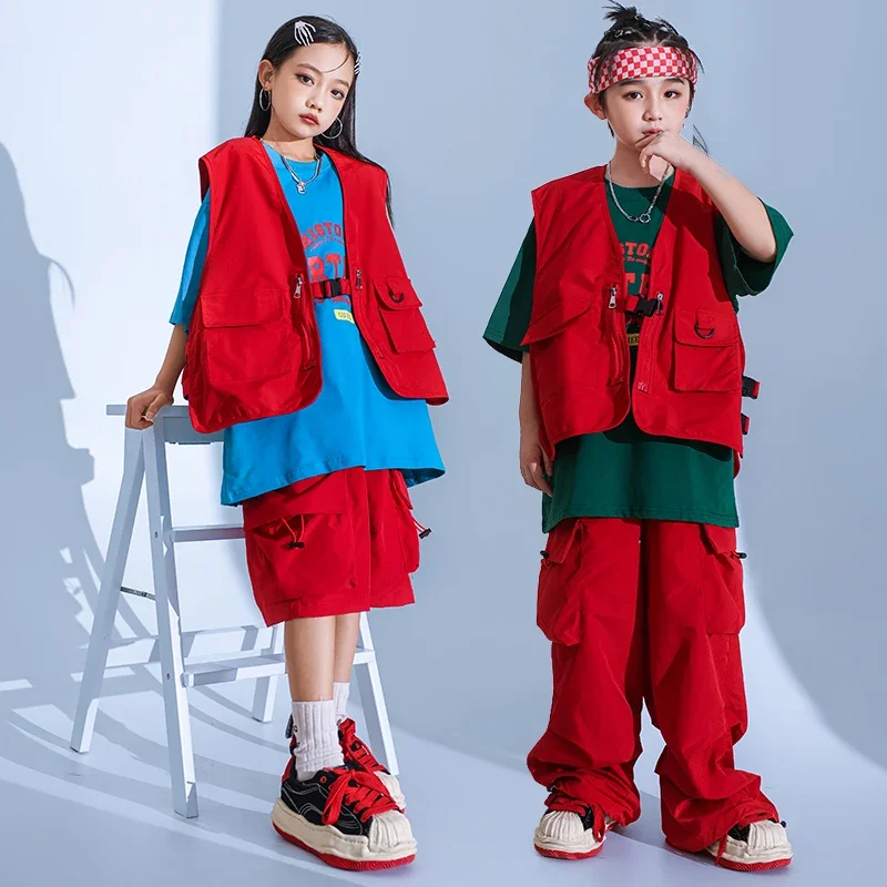 

Boys Hip Hop Pants Outfits Red Vest Cargo Pants Girls Streetwear Children Joggers Street Dance Kids Jazz Costumes Clothes Sets