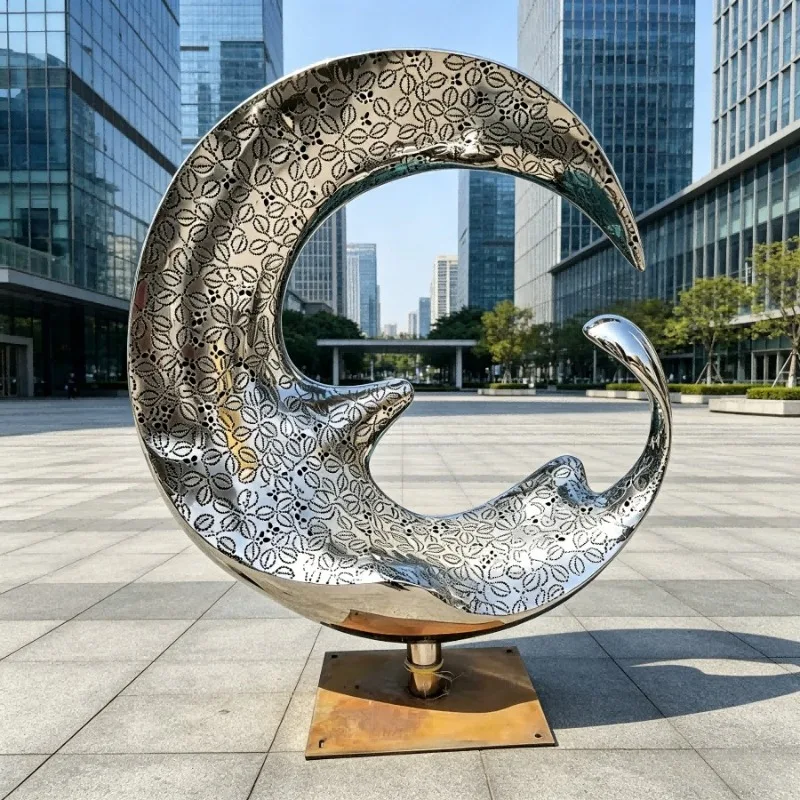 Hollow Floral Pattern Crescent Stainless Steel Sculpture Mirror Polished Custom Decor Outdoor Commercial City Plaza Landscape