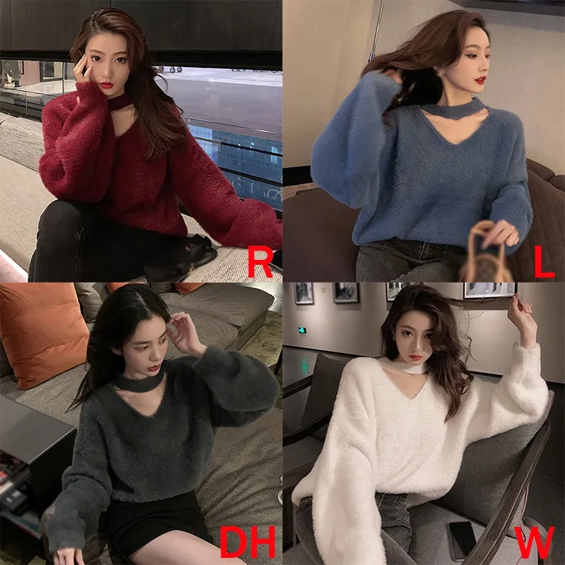 Women Sweater Hanging Neck Imitated Mink Fur Loose Soft Pullover  Autumn Winter Stay Warm Leisure Top Solid Color