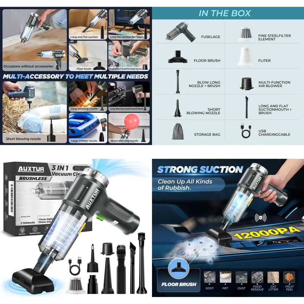 

Portable 3-in-1 Cordless Car Vacuum Cleaner with 12000PA Suction Power and Brushless Motor