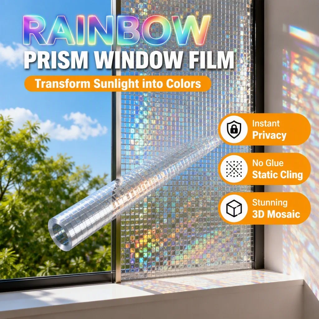 Laser Mosaic Rainbow Privacy Window Film Translucent Grid Texture Static Cling No Glue Removable for Home Office Bathroom Glass