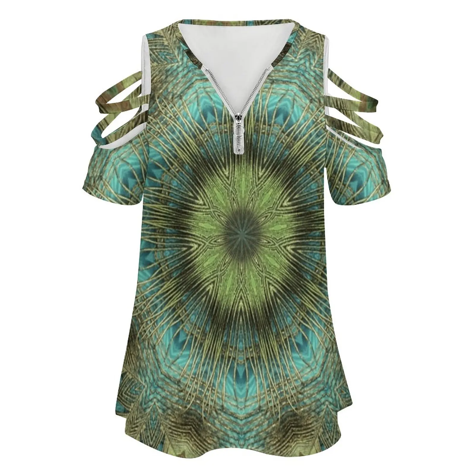 Mandala Of Peacock Eyes Women Zipper Various styles Printed T Shirts Tops Full Print T-Shirt Mandala Peacock Eyes Feathers Still
