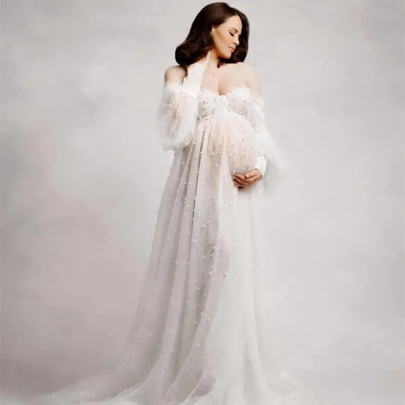 Maternity Photography Props Women Pregnancy Transparent Tulle Pearl Long Dresses for Photography photo shoot Props Cloth