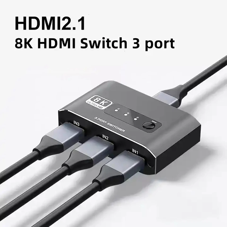 8k przełącznik HDMI 2.1 3x1 Adapter do przełącznika HDMI 2.1 Splitter 8K @ 60Hz 4K @ 120Hz kompatybilny 3 in1 out HDR 48Gbps dla PS4 PS5 HDTV Xbox