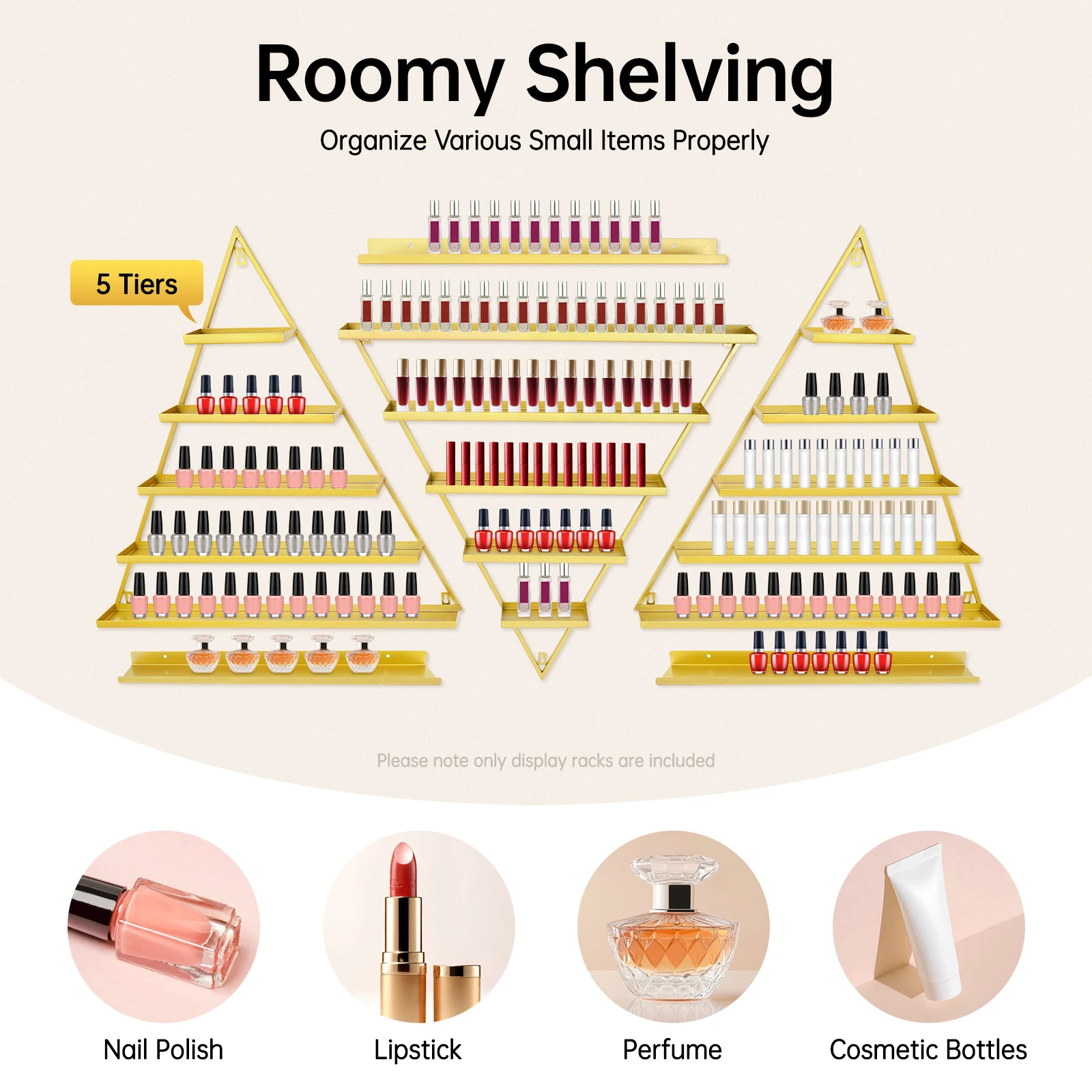 

5 Tier Wall-Mounted Metal Nail Polish Display Rack, 6pcs Simple Triangular Floating Wall Mount Shelves Combo Rack