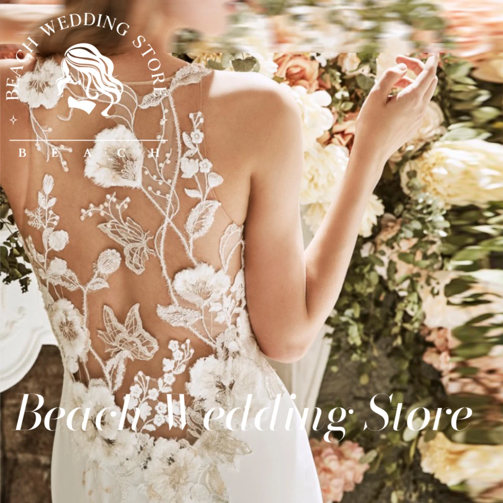 

Beach Customized Mermaid 3D Flowers Backless Floor Length Charming Fairy Garden Wedding Dress Sleeveless O-Neck ivory Sexy