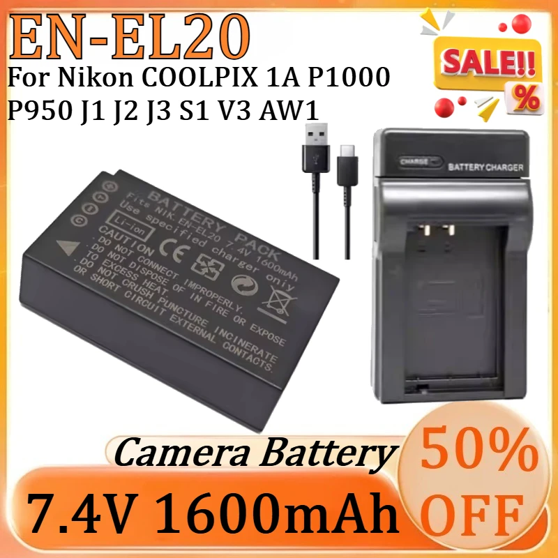 New 7.4V 1600mAh EN-EL20 EN EL20 Camera Battery for Nikon COOLPIX 1A P1000 P950 J1 J2 J3 S1 V3 AW1 High Quality Battery
