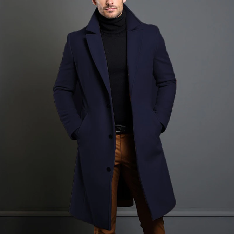 

New Woolen Coat Men Long Mid Length Overcoat Classic Wool Jacket Fashion Winter Autumn Business Casual Trench Outerwear Male