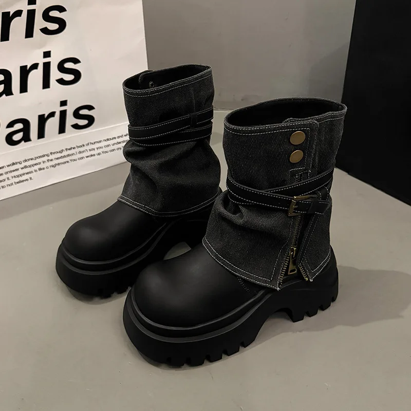 

Winter Punk Style Women Ankle Boots Fashion Belt Buckle Shoes Ladies Concise Chunky Platform Heel Short Booties Zapatos De Mujer