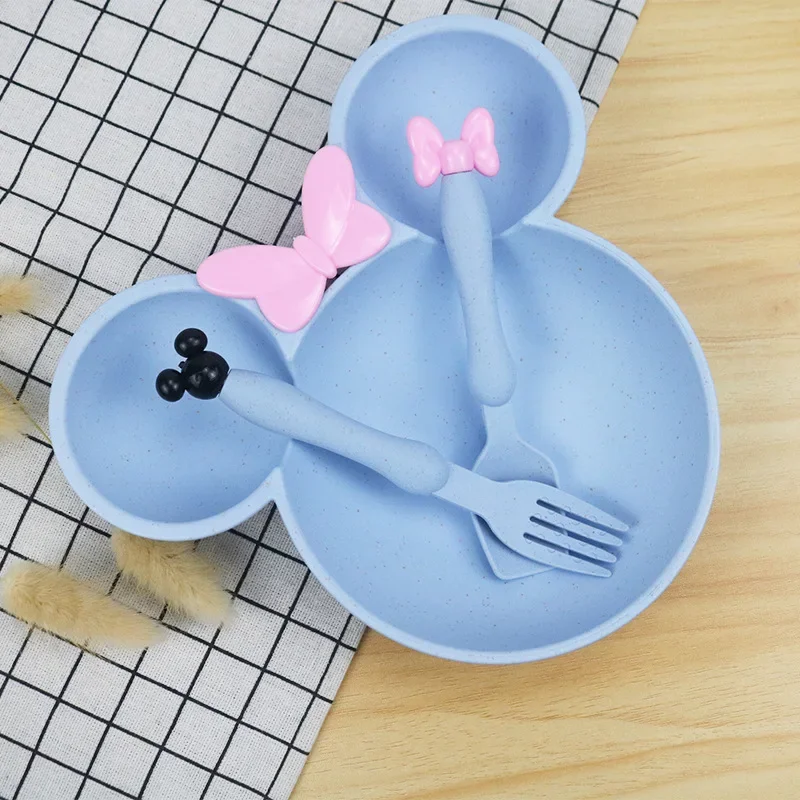 3Pcs/set Cartoon Baby Bowl Tableware Set Wheat Straw Children's Dishes Kids Dinner Feeding Plate Bowknot Food Plate Spoon Fork image 5