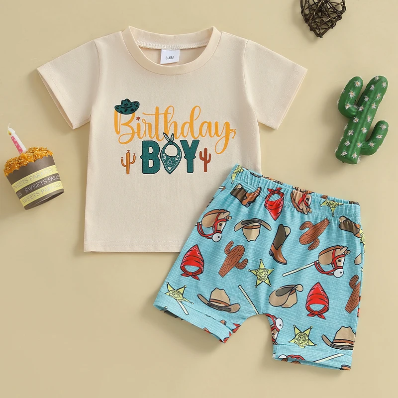 Toddler Boys Western Outfit Infant Baby Birthday Letter Print Short Sleeve T-shirt and Boots Print Shorts Casual Summer Clothes