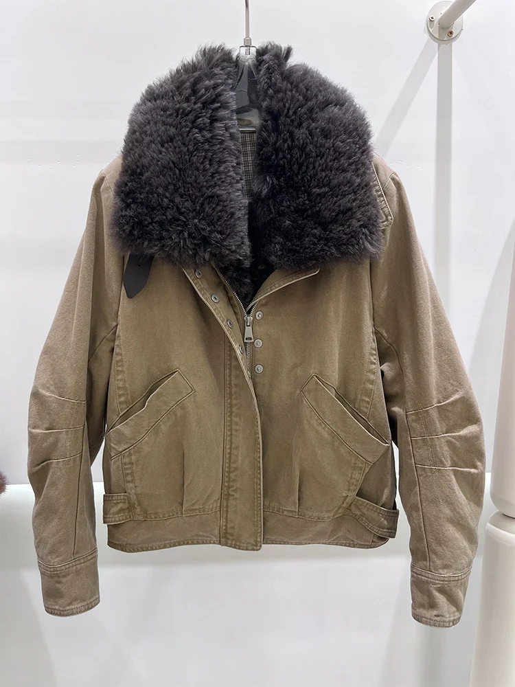 Neue frauen Winter Gans Unten Jacke Denim Jacke Echte Natürliche Lamm Schafe Pelz Kragen Mäntel Luxus Weibliche Outwear Kleidung