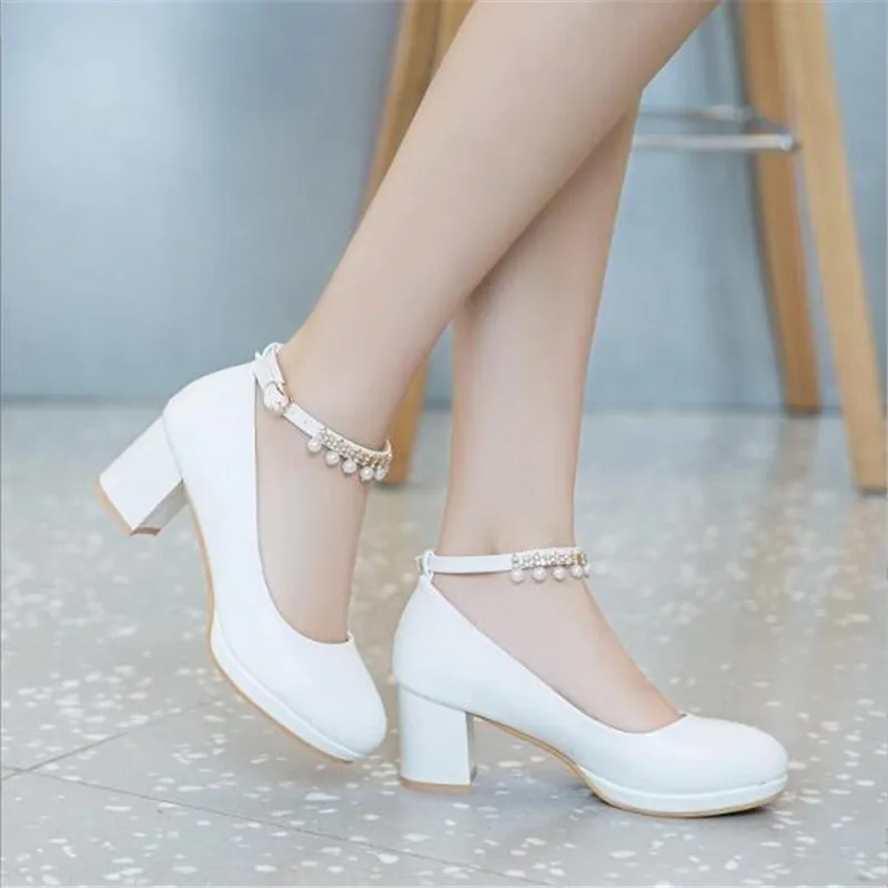 Women Children Platform High Heels Mary Jane Shoes Crystal Buckle Ladies Party Shoes Thick Heel Female Shoes Black Size 32- 43