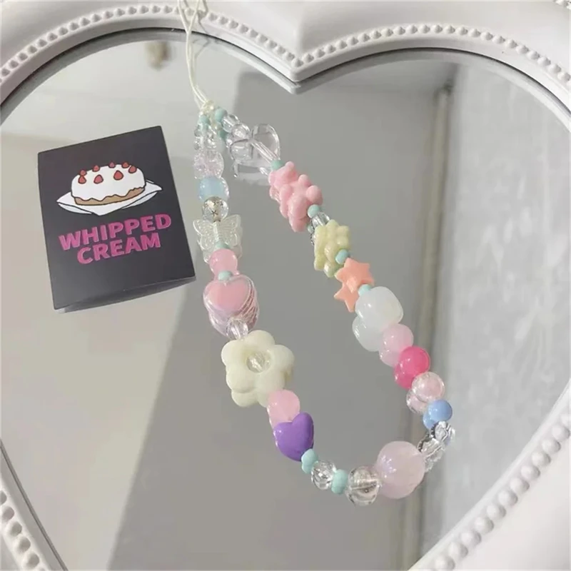 Korea Cute 3D Flower Bear Phone Lanyard For iPhone 15 Samsung Strap Girl Chain Pendant Candy Rope Jewelry Hanging Keychain Charm