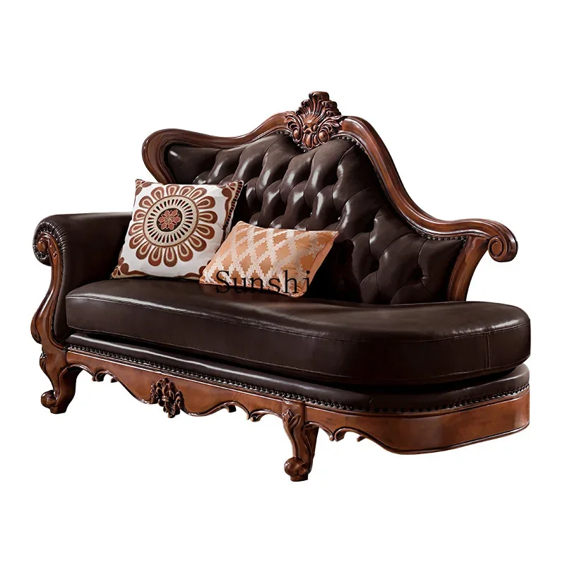 

American leather solid wood, leather toffee beauty couch simple living room chaise longue