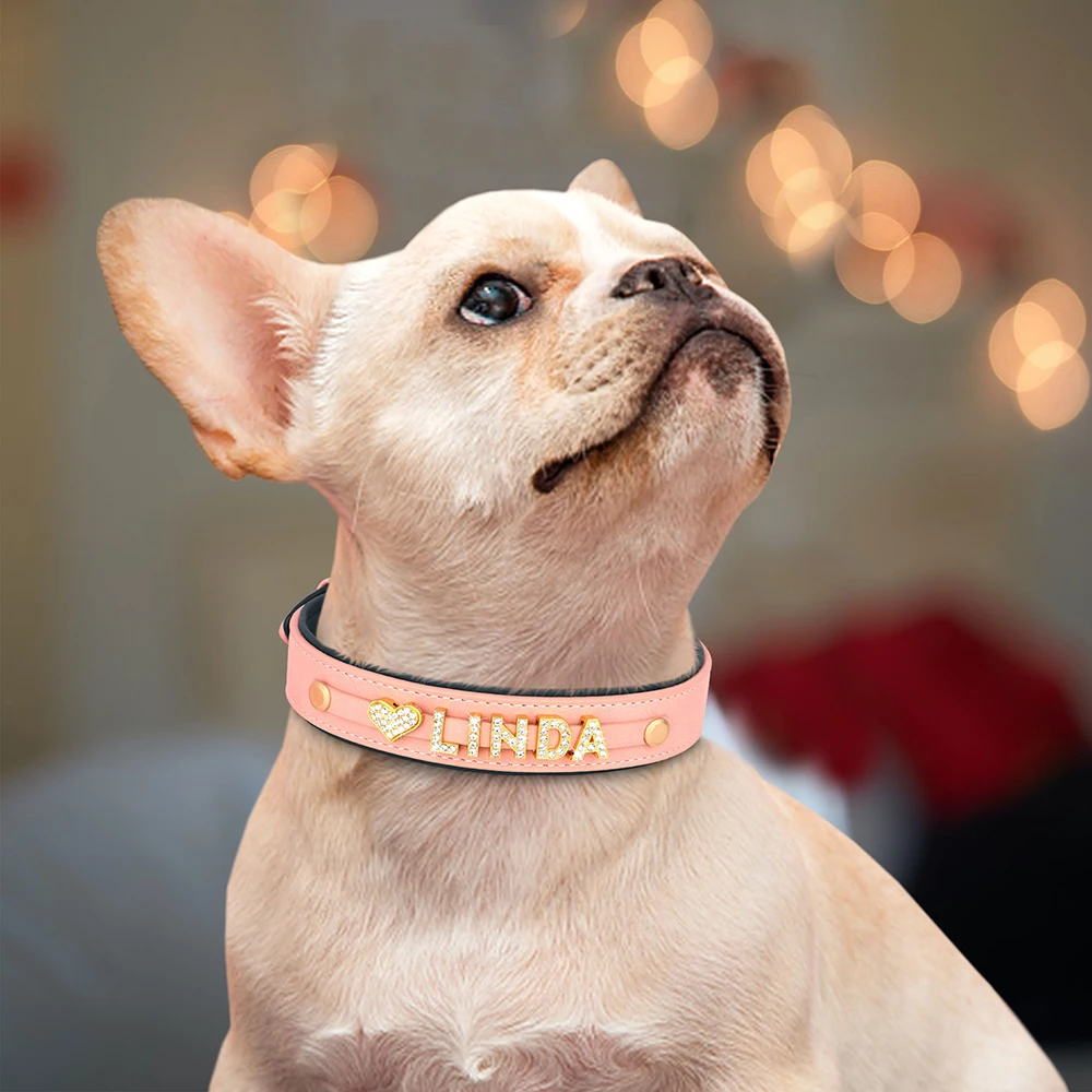 Personal isierte weiche Hunde halsband Pu Leder Welpen Katze ID Halsbänder kostenlos Strass Charme Hund Zubehör für kleine mittlere Hunde Chihuahua – Detail 18