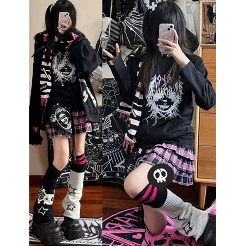 Chaussettes Punk pour femmes Y2K, gothique, crâne, étoile, accessoires d'halloween, chauffe-jambes, tricotées, chaussettes hautes pour filles