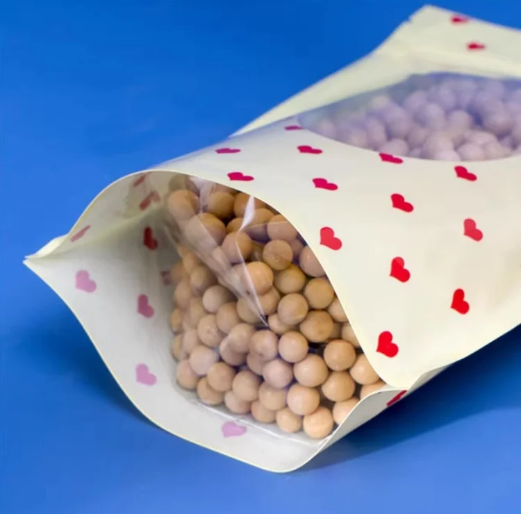100PCS Stand-up Plastic Heart Ziplock Packaging Bag DIY Logo Matcha Coffee Cocoa Candy Sugar Dates Window Gift Storage Pouches
