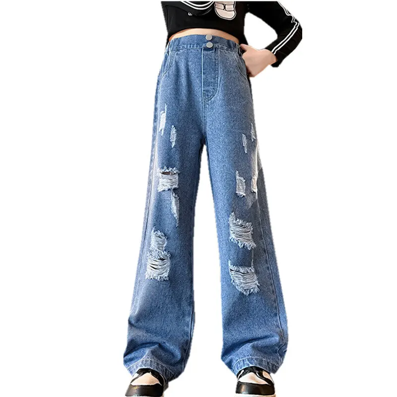 

Elegant School Girl Ripped Jeans for Children Vintage Straight Denim Pants With Holes Teenager Casual Destroyed Jeans Trousers