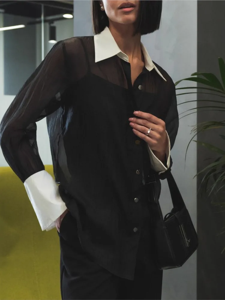 

Spring Autumn Casual Loose Long Sleeves Office Ladies Shirt Tops New Women's Vintage Lapel Sheer Single-Breasted Blouse Top